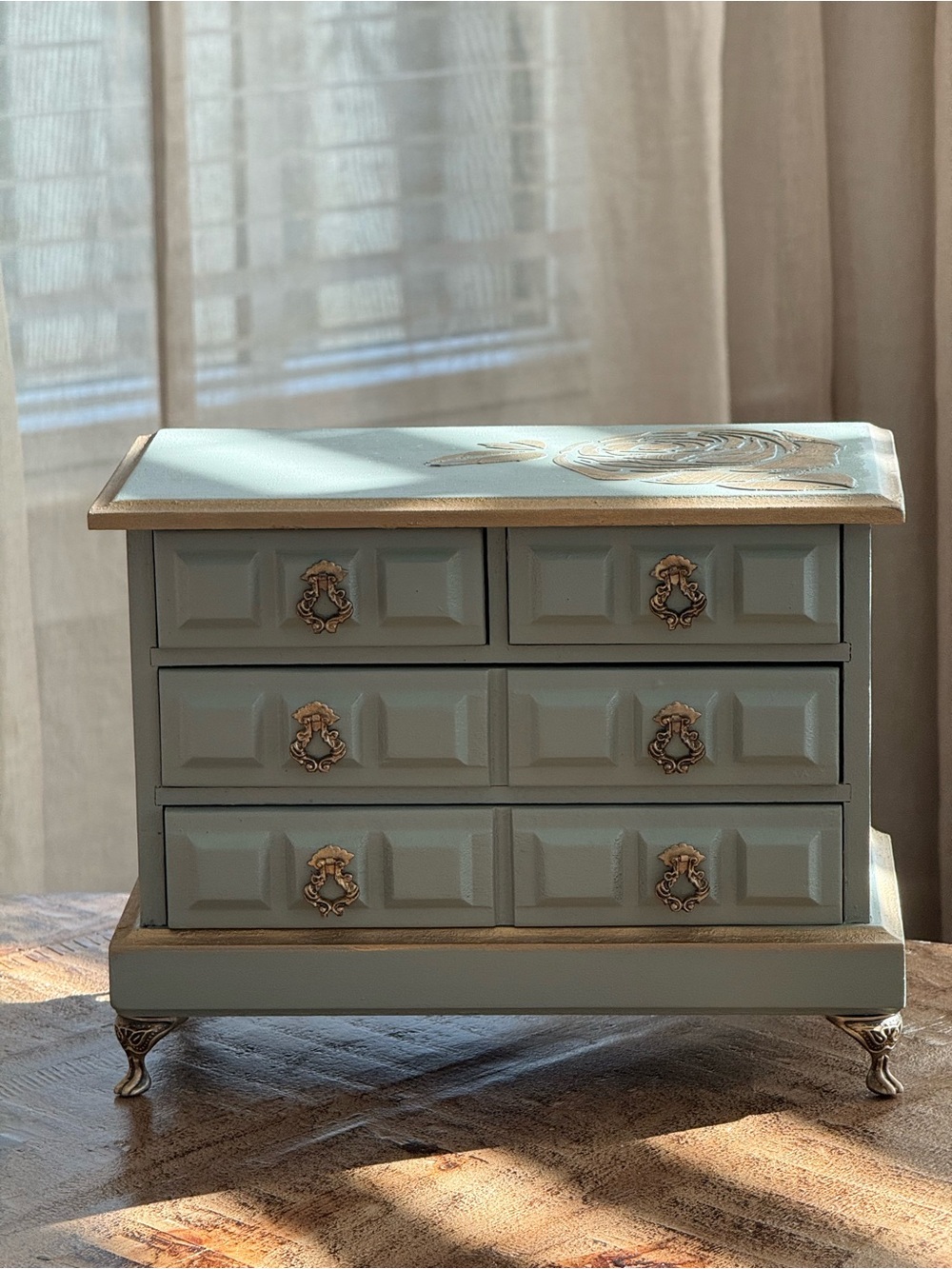 Vintage-Style Small Jewelry Chest in Sage Green with Gold Accents
